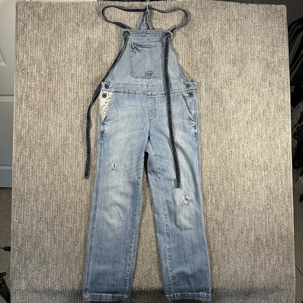 Holding Horses Denim Overalls Boho Lace Patch Distressed Anthropologie 27